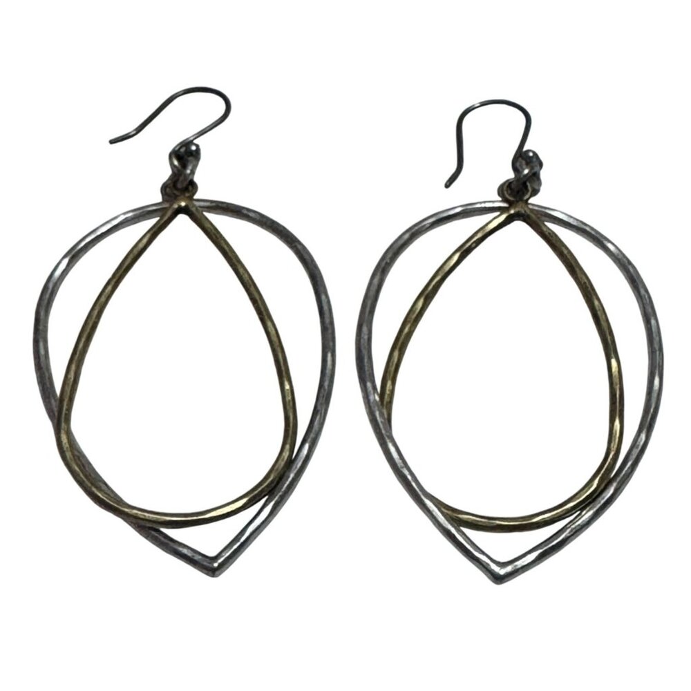 Two-Tone Silver & Brass Teardrop Dangle Earrings Lightweight Geometric Design